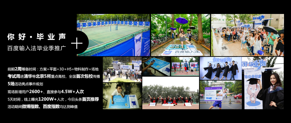 你好·毕业声百度输入法毕业季推广前期2周筹备时间：方案+平面+3D+H5+物料制作+场地考试周进清华等北京5所重点高校、全国首次包校传播5场活动亮点事件规划现场新增用户2600+、直接参与4.5W+人次5天时间，线上曝光1200W+人次，今日头条首页推荐活动期间微博指数、百度指数均达到峰值