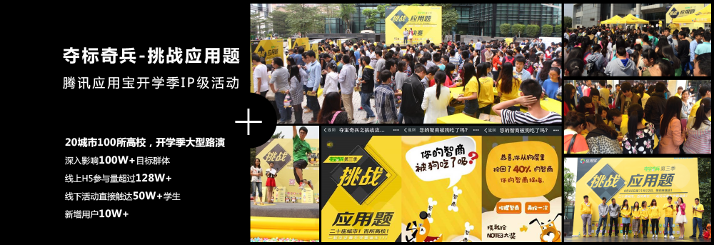 夺标奇兵-挑战应用题腾讯应用宝开学季IP级活动20城市100所高校，开学季大型路演深入影响100W+目标群体线上H5参与量超过128W+线下活动直接触达50W+学生新增用户10W+